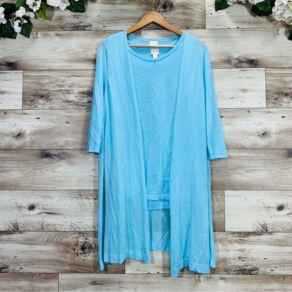 Chico's size 1 (M/8) blue knit tunic cardigan & top 2 piece set coastal lounge